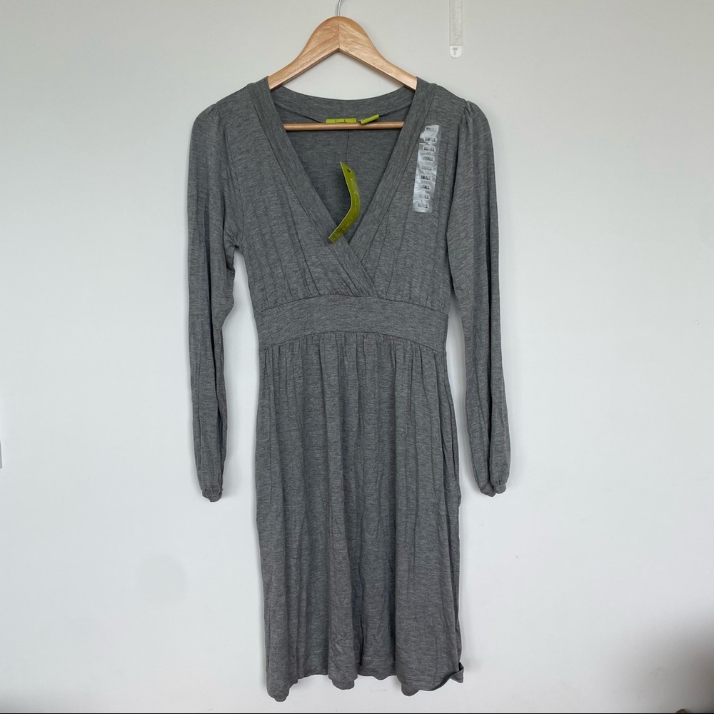 Long Sleeve Gray Dress for Fall over leggings & boots